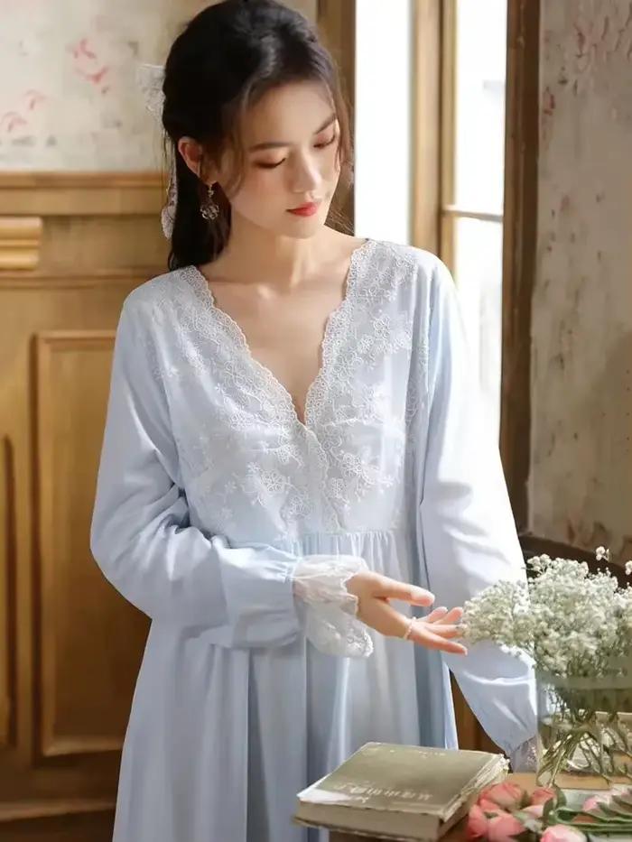 Femmes coton volants dentelle col en v Vintage chemises de nuit Robe nuisette à manches longues Robe