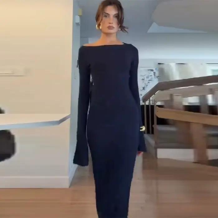 Robe longue en maille bleu nuit dos nu pour femme, élégante, à manches évasées, moulante, coupe sirè