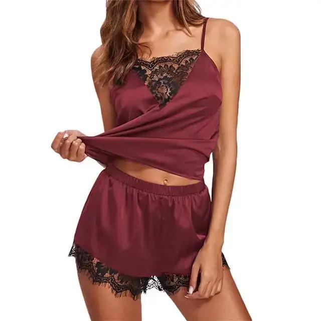 Pyjama en dentelle sexy pour femme, nuisette, vêtements de nuit, pour la maison, short en Y, couleur