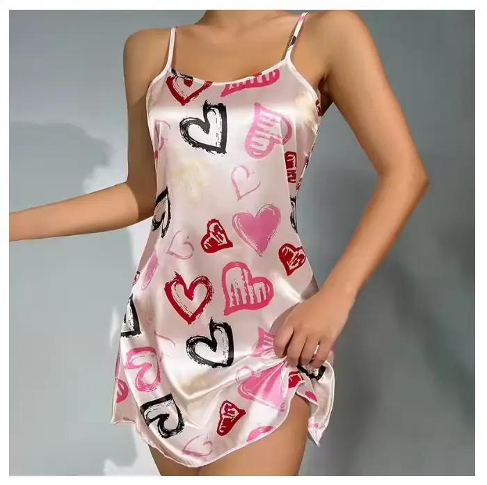 Chemise de nuit sexy en satin pour femmes, vêtements de nuit, lingerie, imprimé floral, mini robe