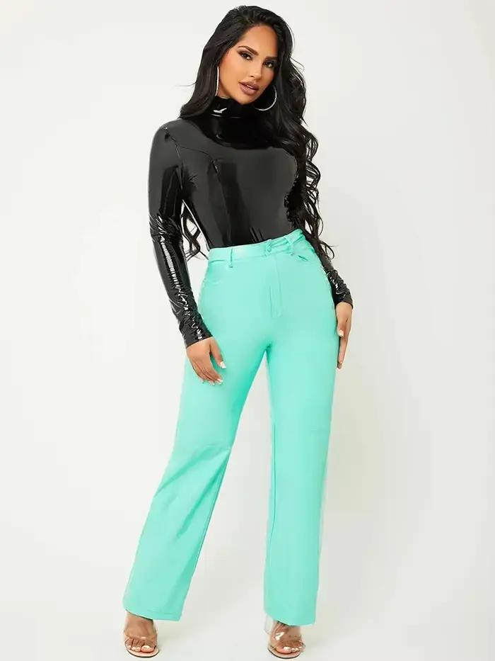 Body en Faux Latex pour femmes, col haut, manches longues, Sexy, moulant, combinaisons en PVC, exten
