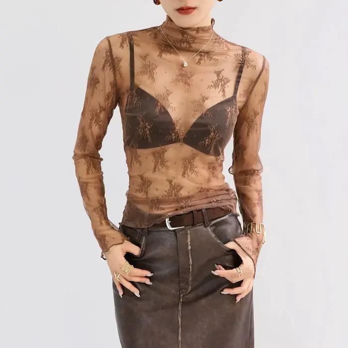 Femmes Sexy maille T-Shirts dentelle transparente Blouse à manches longues voir à travers les hauts