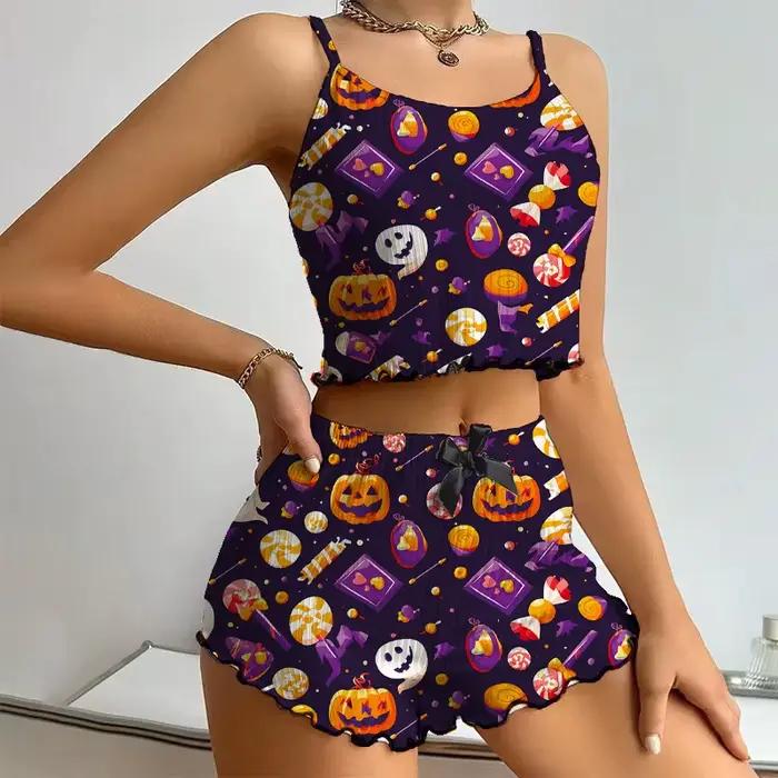 Ensemble pyjama imprimé citrouille d'halloween pour femmes, mignon, côtelé, haut court et short, vêt
