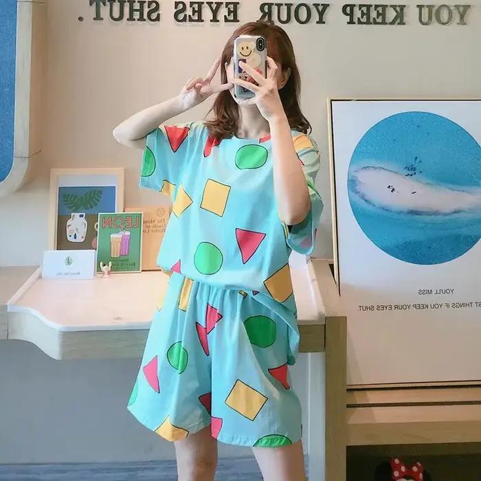 Pyjamas à manches courtes femmes été dessin animé mignon géométrique vêtements de nuit Homewear pull