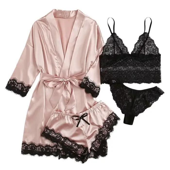 Pyjama à la mode pour femmes, imprimé Sexy, garniture en dentelle, fausse soie, ensemble de pyjama e