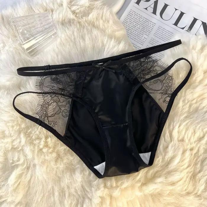 Culotte taille basse pour femme, lingerie transparente en dentelle douce avec nœud, culotte en maill