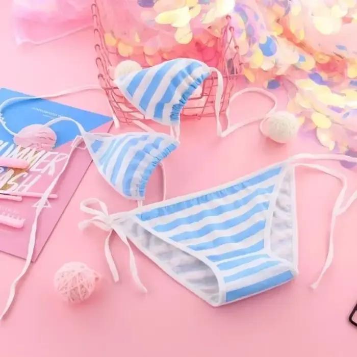 Lingerie sexy japonaise Lolita Kawaii, mini bikini rayé bleu, rose et blanc, cosplay pour adultes, s