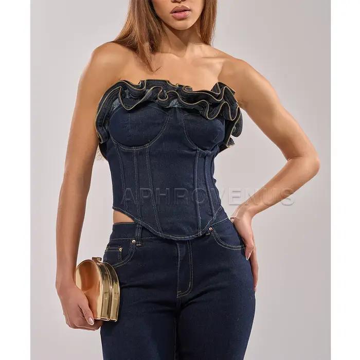 Corset en jean vintage pour femme, bustier épaules dénudées à volants et fermeture éclair, style Y2K