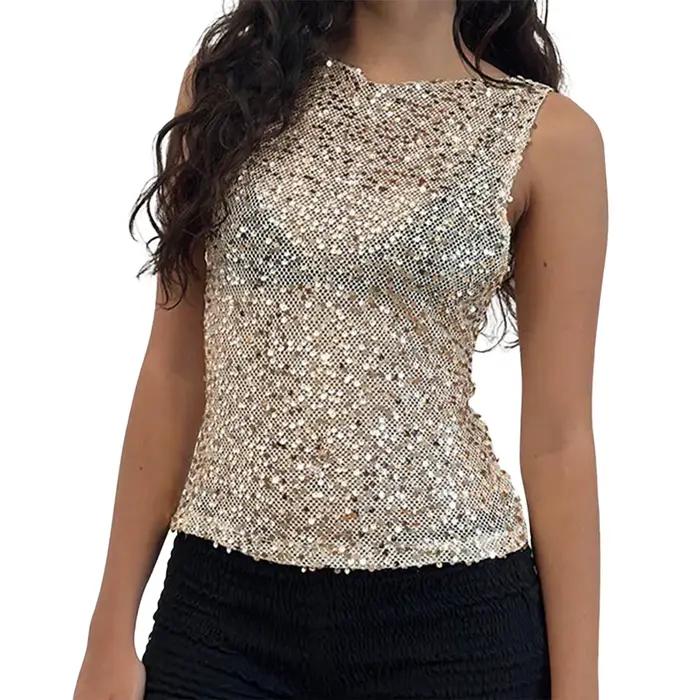 Débardeur à paillettes scintillantes pour femmes y2k, Coquette sans manches, transparent, Camisole,