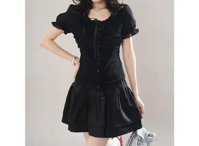 Ensemble chemise noire et jupe pour femme, tenue d'été, taille cintrée et haut amincissant, jupe à v