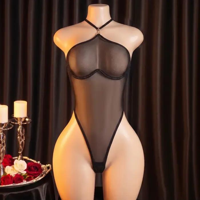 Ellolace Lingerie séduisante pour femme, Body transparent sensuel à col licou, Tenue de soirée exclu