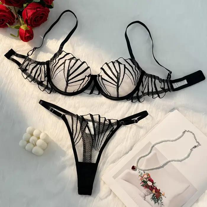 Ensemble de Lingerie brodée avec bonnet de poitrine festonné noir pour femmes, sous-vêtements Sexy p