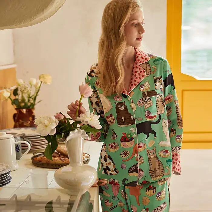 Ensemble pyjama deux pièces imprimé chat pour femme, manches longues, pantalon pleine longueur, vête