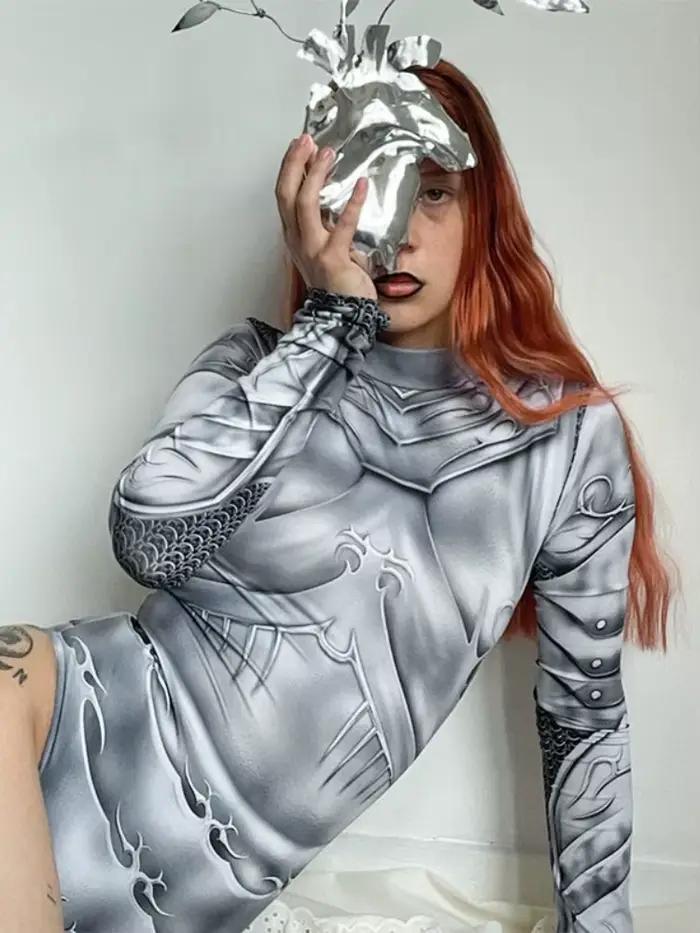 Costume de batterie bustier sexy pour femmes, lingerie grise, manches longues imprimées, streetwear