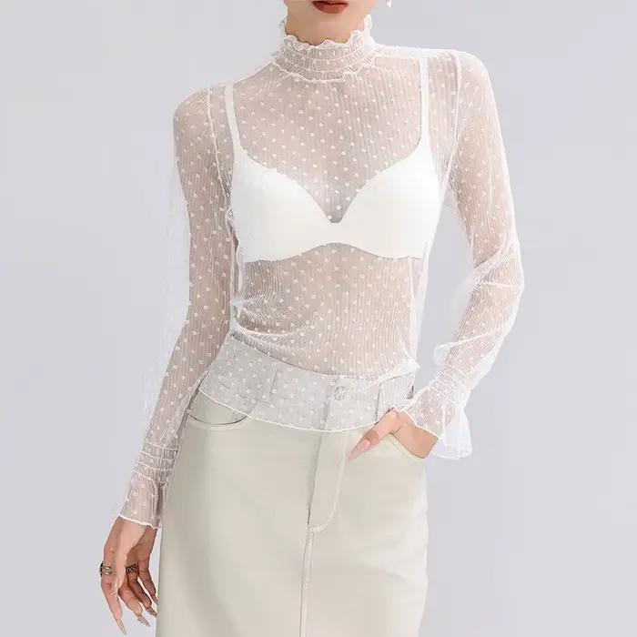 Femmes Sexy maille T-Shirts dentelle transparente Blouse à manches longues voir à travers les hauts