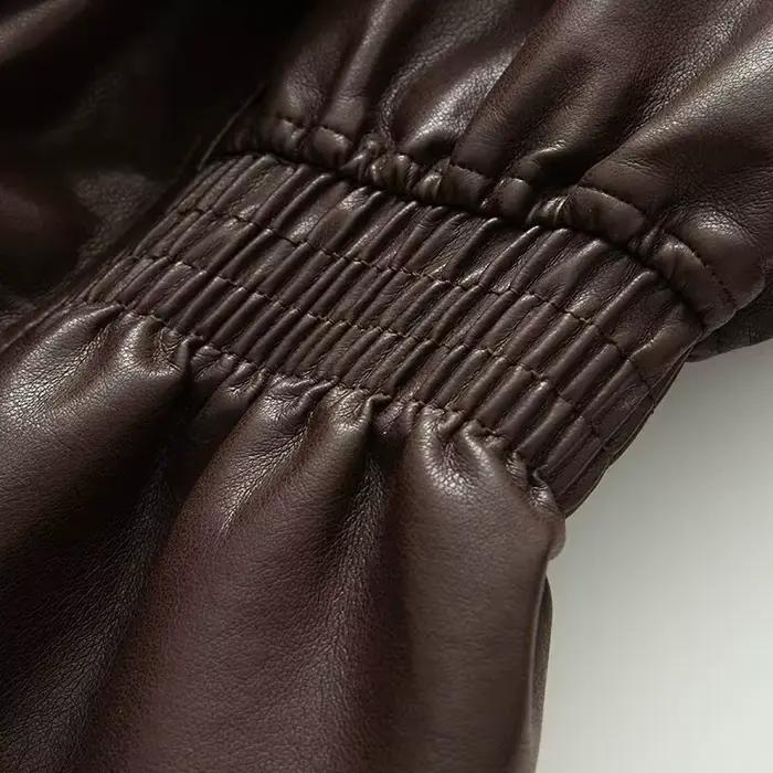 Veste en cuir Pu pour femme, manteau chaud marron avec fermeture éclair, décontracté, revers, taille