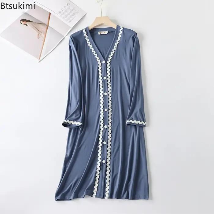 2026 femmes à manches longues col en v chemises de nuit mode boutonné Cardigan Robe