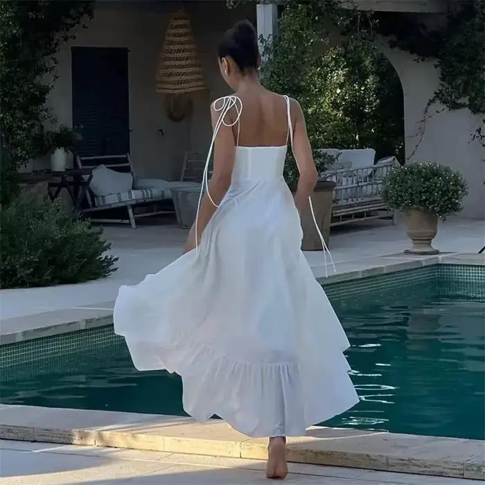 MUJER blanc Corset robe femme à volants Slip longues robes pour femmes 2025 sans manches dos nu
