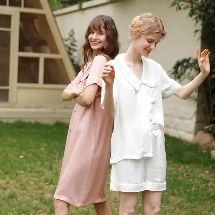 Robe de Nuit Mi-Longue à Manches Courtes et Col Rabattu pour Femme