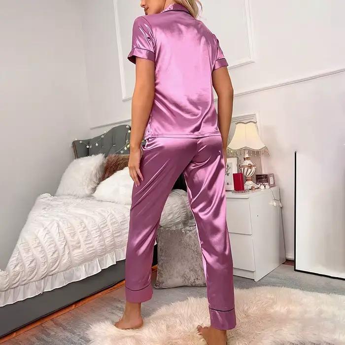 Ensemble de pyjama en satin pour femme basique automne manches longues pantalon en Y poche en forme de cœur deux pièces occassions spéciales