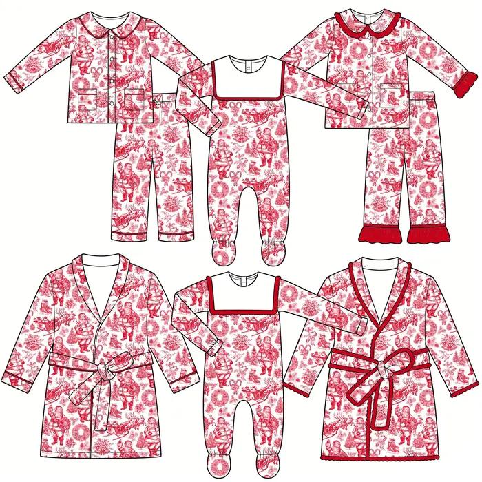 Pyjamas de Noël pour enfants en gros, imprimé Père Noël, ensemble à manches longues, barboteuse à pieds pour bébé, combinaison, peignoirs assortis pour enfants, vêtements de nuit