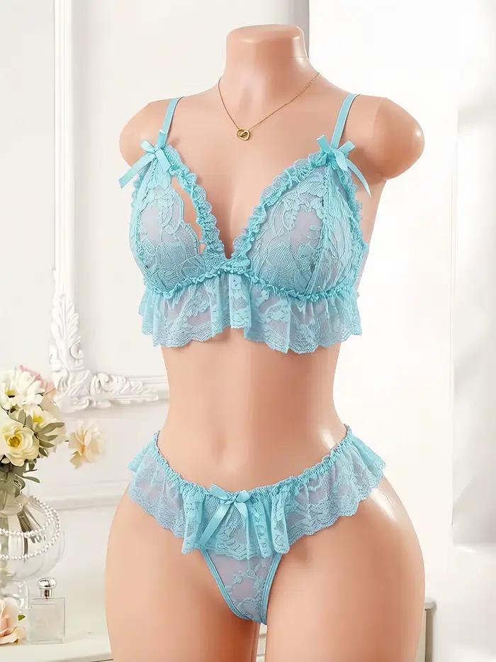 Ensemble de Lingerie en Dentelle Florale pour Femme S-XL – Bralette et Culotte String Transparentes à Volants et Nœuds