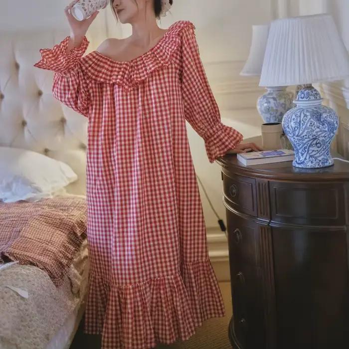 Chemise de nuit ample en coton 100% à carreaux rouges rétro anglais