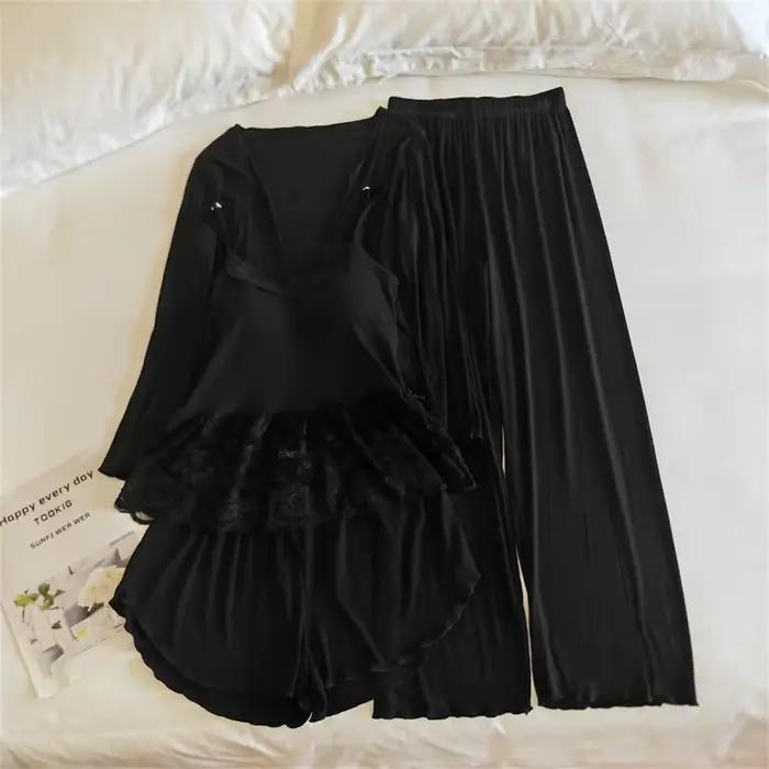 Pyjama Modal décontracté pour femmes, ensemble 4 pièces en dentelle coréenne, manches longues, vêtements de maison, automne hiver, vêtements de nuit pour dames