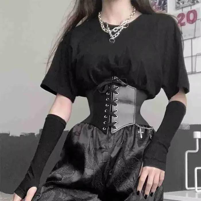 Ceinture Corset Gothique pour Femme en Cuir PU, Ceinture Corset Amincissante à Lacets, Ceinture Large Vintage Noire pour Fille