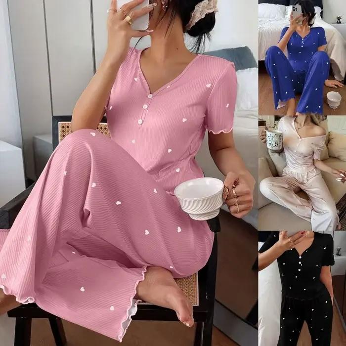 Ensemble de pyjama doux à manches courtes, motif cœurs et rayures, avec col en V à volants, pour la nuit