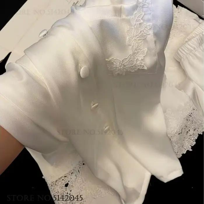 Ensemble de pyjamas de luxe pour femmes en satin de soie avec dentelle, vêtements de nuit élégants pour la maison et occasions spéciales