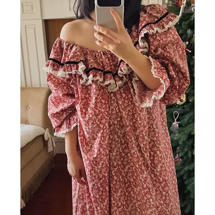 100% pur coton chemise de nuit femmes 2026 nouveauté printemps été français rétro doux fleur imprimé