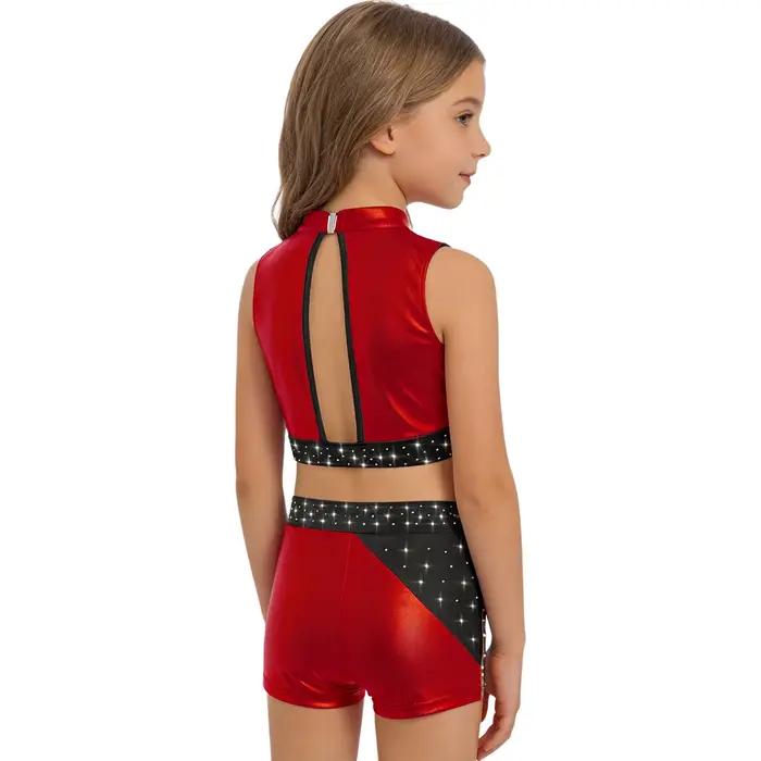 Tenue de gymnastique pour enfants filles, patinage artistique, danse de Ballet, Costume de spectacle, strass brillants, haut court métallique avec short