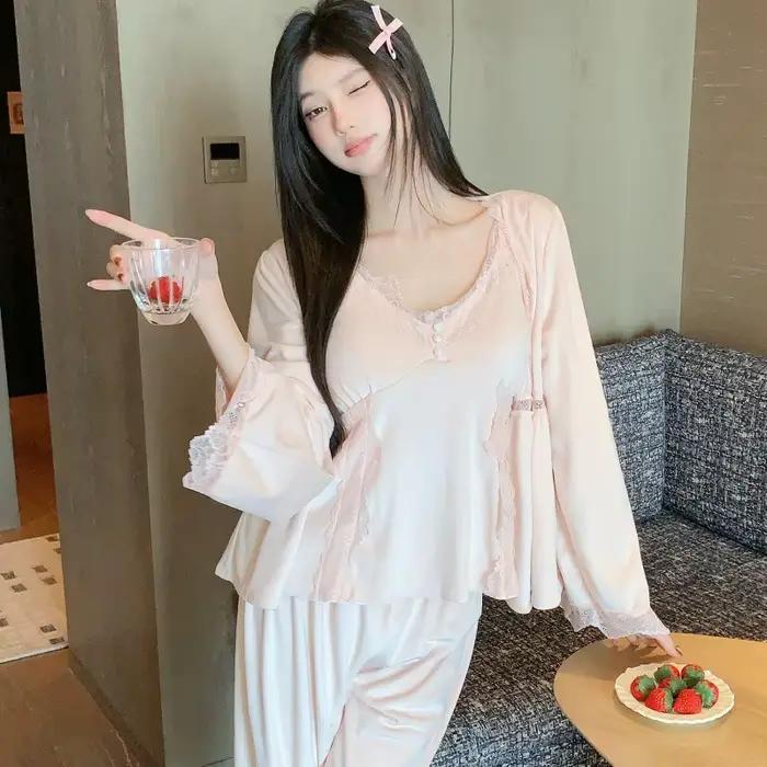 Femme 3 pièces Pyjamas ensemble vêtements de détente élégant Style cour française