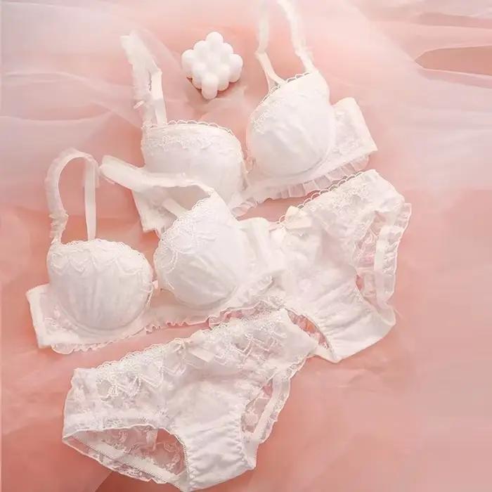 Lolita lingerie slips ensemble femme mignon douce loli japonais hochet femme de chambre plaid anneau en acier soutien-gorge culotte costume grande taille froncé