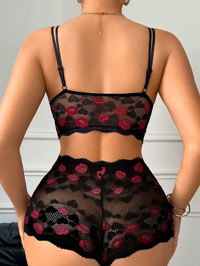 Ensemble de lingerie sexy en dentelle à imprimé lèvres pour la Saint-Valentin