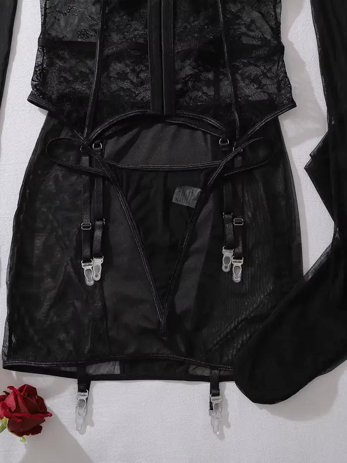 Ensemble de lingerie sexy en dentelle Belamimi 5 pièces avec mini-jupe crayon
