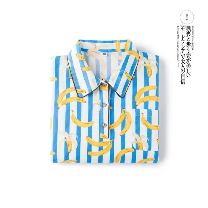 Rayé banane pyjama ensemble femmes mignon dessin animé fruits vêtements de nuit 100% coton à manches longues
