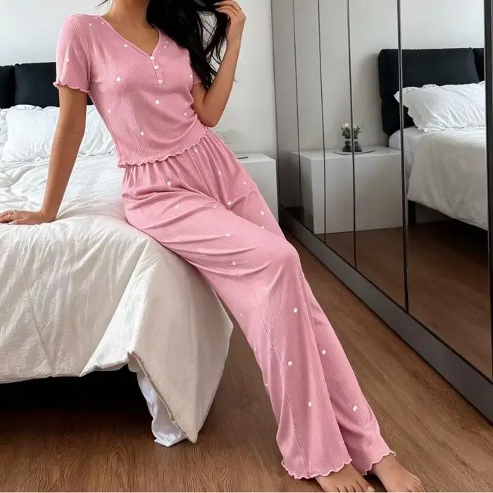 Ensemble de pyjama doux à manches courtes, motif cœurs et rayures, avec col en V à volants, pour la nuit