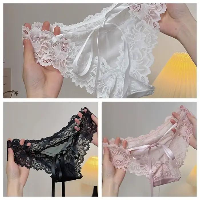 Culotte transparente à nœud en dentelle florale, taille basse, avec lacets, sans couture, en maille de dentelle pour femme
