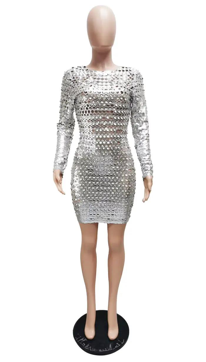 Mini robe courte à manches longues et col rond pour femmes, robes de soirée sexy, transparent, trou, rue haute, boîte de nuit, mode féminine, éducatif, automne