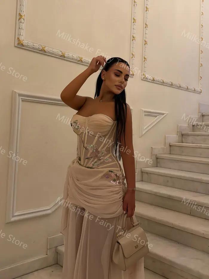 Robes de soirée champagne coupe trapèze, sans manches, avec appliques, en mousseline, longueur ras du sol, personnalisables pour occasions spéciales