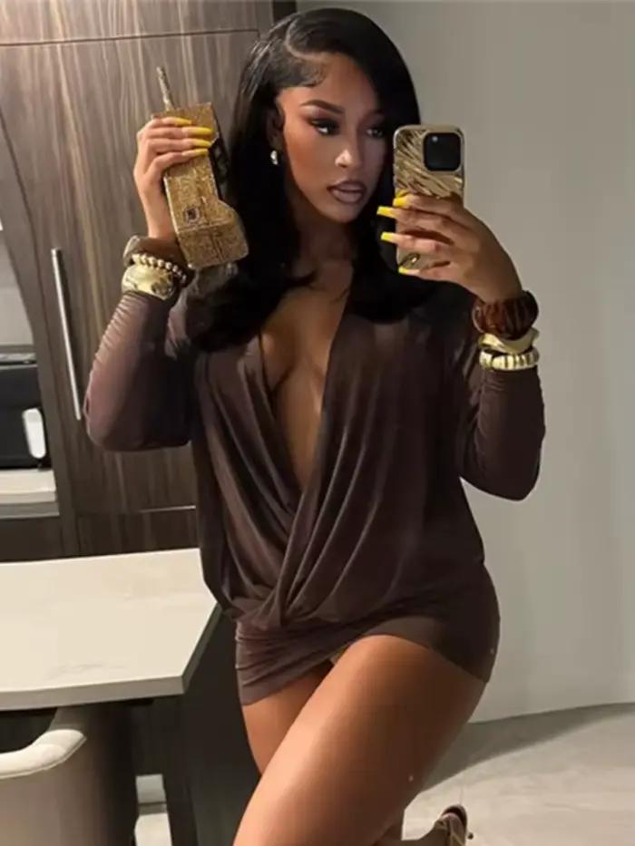 Nibber Croix Profond V-Cou Robe Femmes Plein Manches Stretch Solide Minuit Rue Clubwear Parti Automne Tendance Élégant Mini Moulante