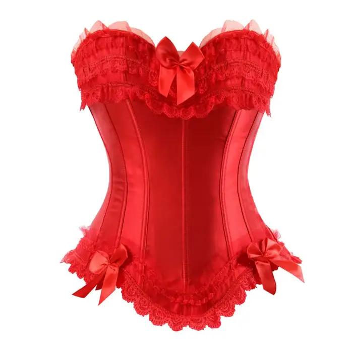 Femmes Sexy Satin surbuste Corset à lacets Corsets Bustiers haut gothique dames Halloween grande taille blanc rouge noir rose korsett