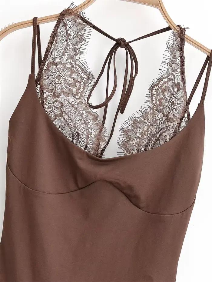 Body Femme 2026 Nouvelle Collection Printemps-Été Marron avec Dentelle et Bretelles Fines – Chic et Tendance