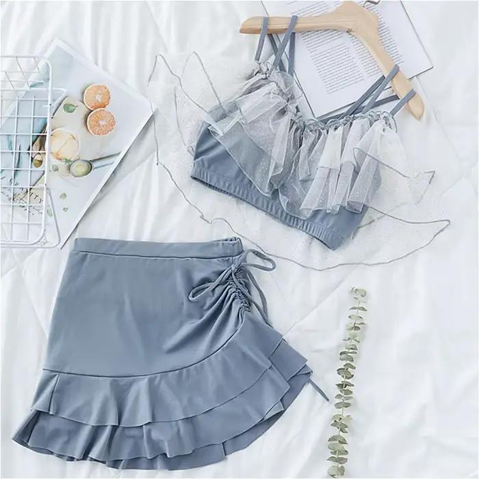 Maillot de bain deux pièces pour femmes, bikini sexy, élégant, dos nu, à volants tendres, à la mode, style coréen, pour filles douces, été