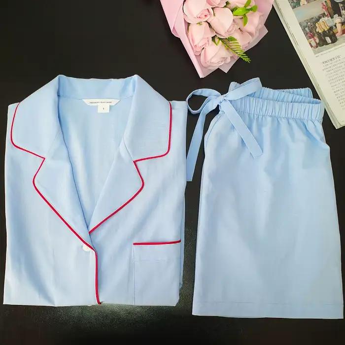 Luxe broder amour Pijama Mujer bleu tenue femmes vêtements de nuit en coton à manches longues chemise pantalon ample
