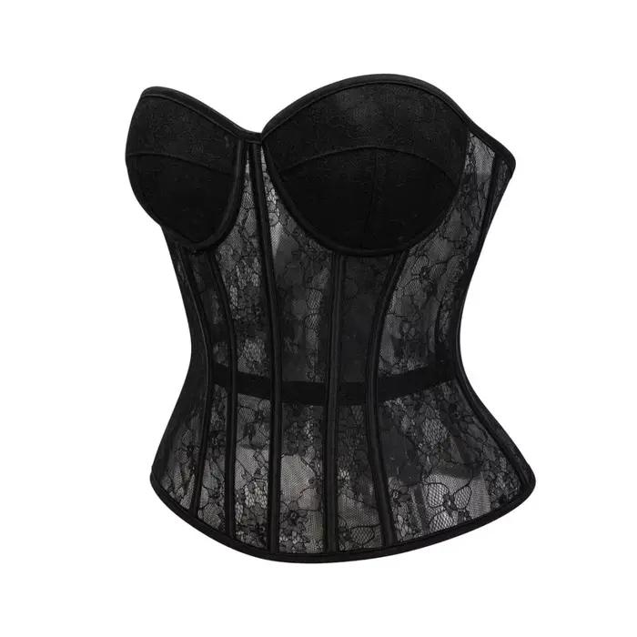 Corset Bustier Push-Up Transparent en Dentelle Florale Noire avec Baleines pour Femme - Sculpteur Corporel