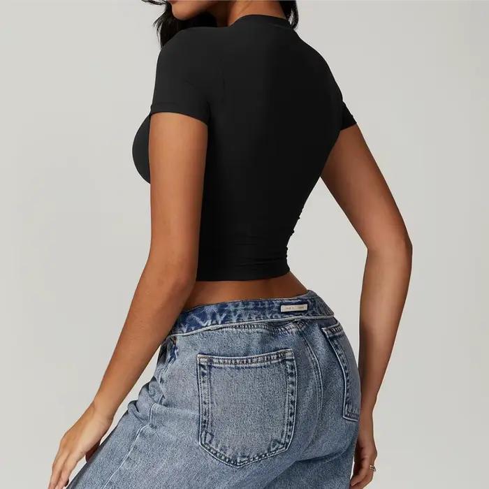 T-Shirt de Yoga serré à manches courtes pour femmes, couleur unie, doux et respirant, nombril exposé, haut de Fitness, amincissant Abdominal