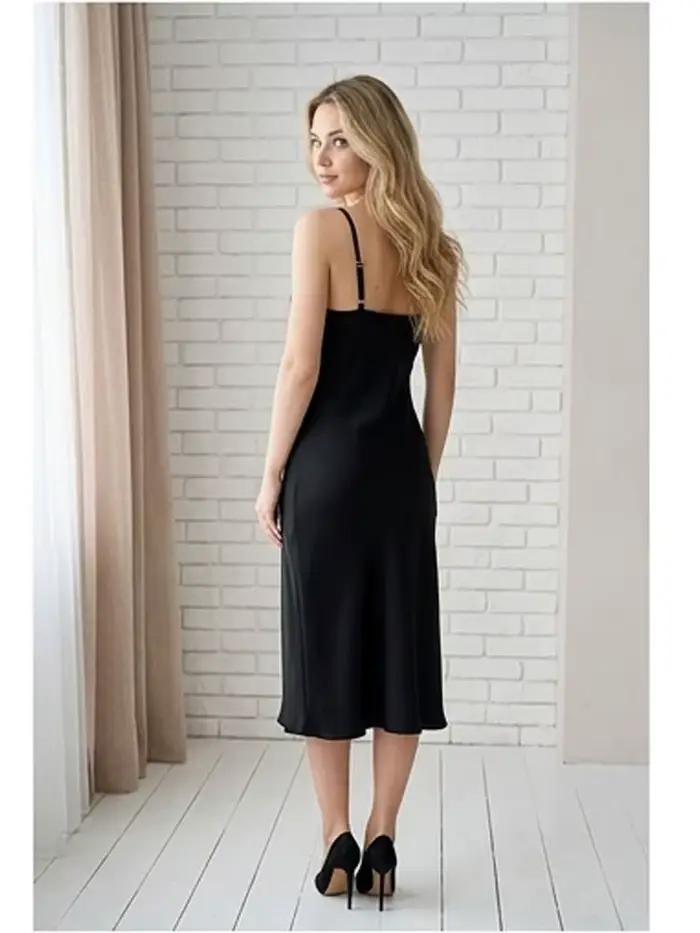 Robe de nuit longue noire en satin polyester ny lon col en V pour femmes nuits de lune de miel et mariage